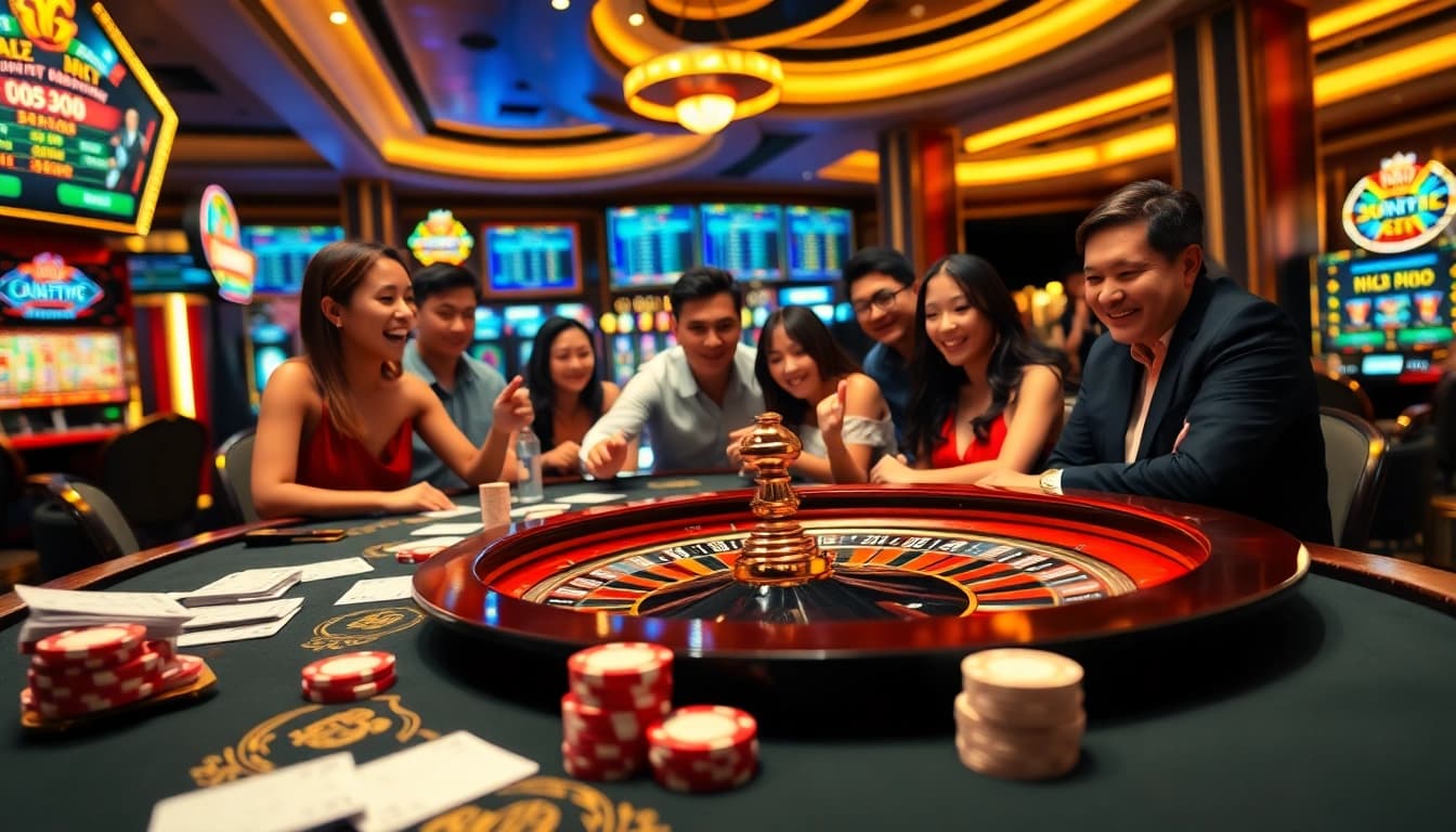 Kèo nhà cái betting excitement at a luxurious casino table with chips and cards.