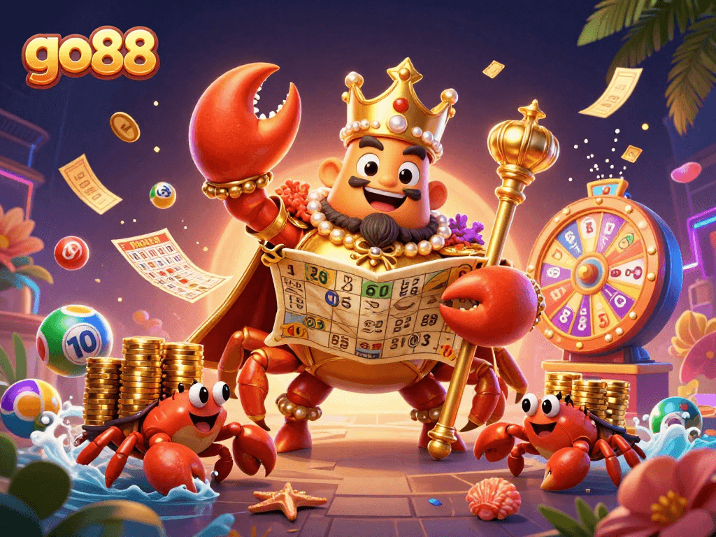 Engage with go88's vibrant gaming scene featuring a golden crab emperor and dynamic lottery elements.