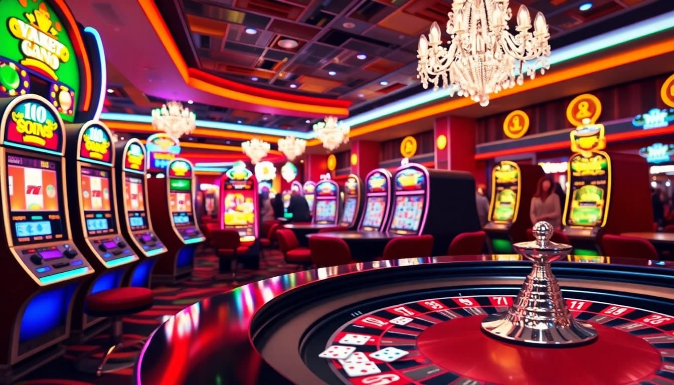 Experience the thrill of rr88 with vibrant slot machines and exciting roulette tables in a bustling casino.