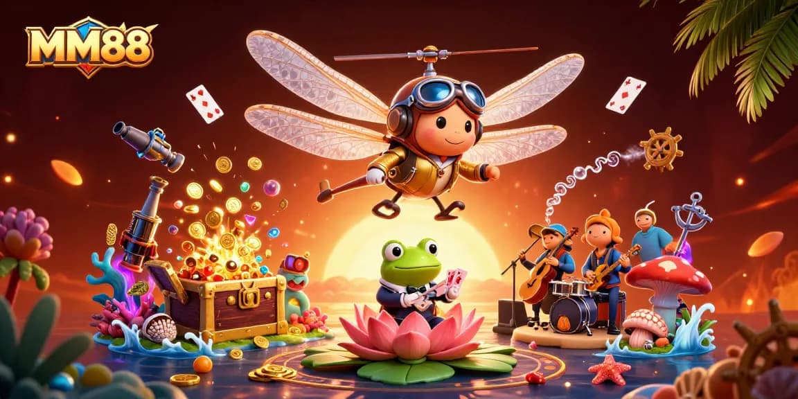 Experience the thrill of MM88 with a dynamic 3D scene featuring a frog dealer and vibrant casino elements.