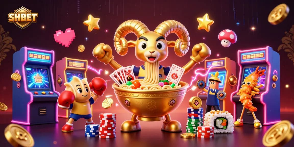 Engage with SHBET in this vibrant 3D casino scene featuring unique characters and exciting game elements.