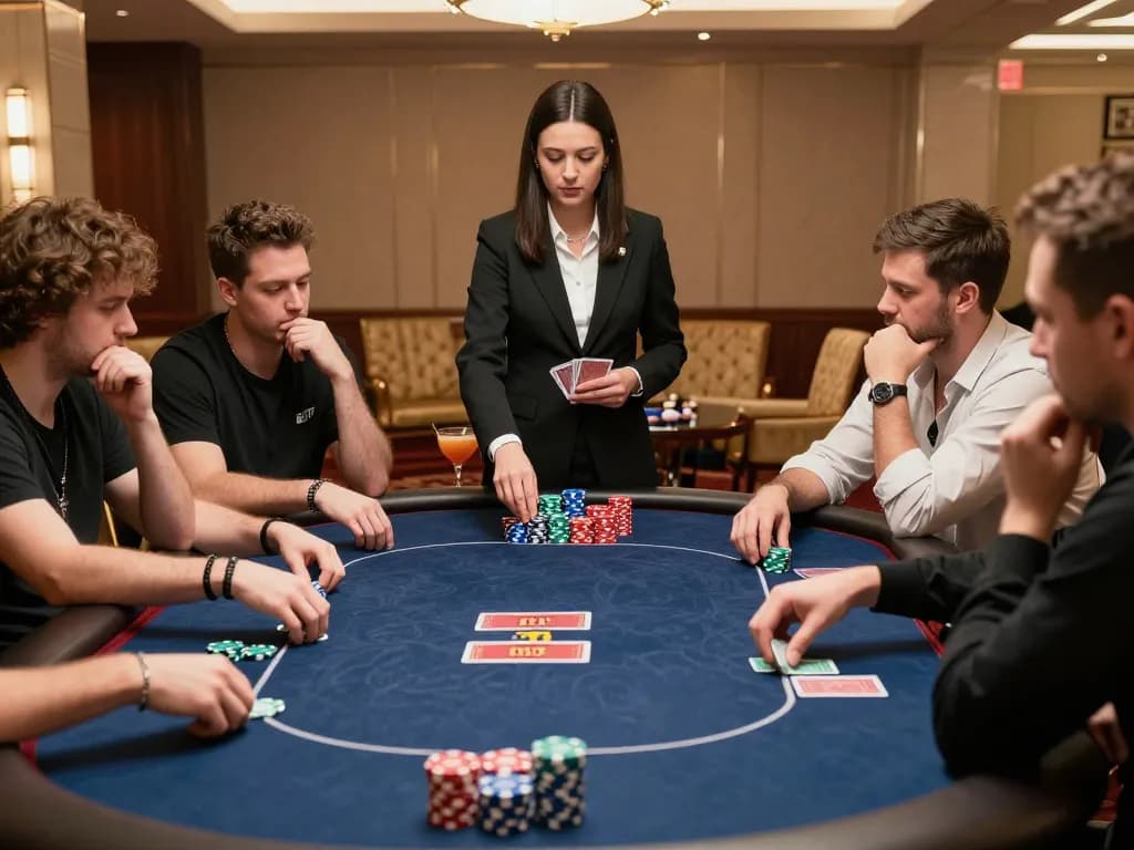 Experience the excitement of professional poker gameplay at nhandinhkeonhacai with colorful chips and intense strategy.
