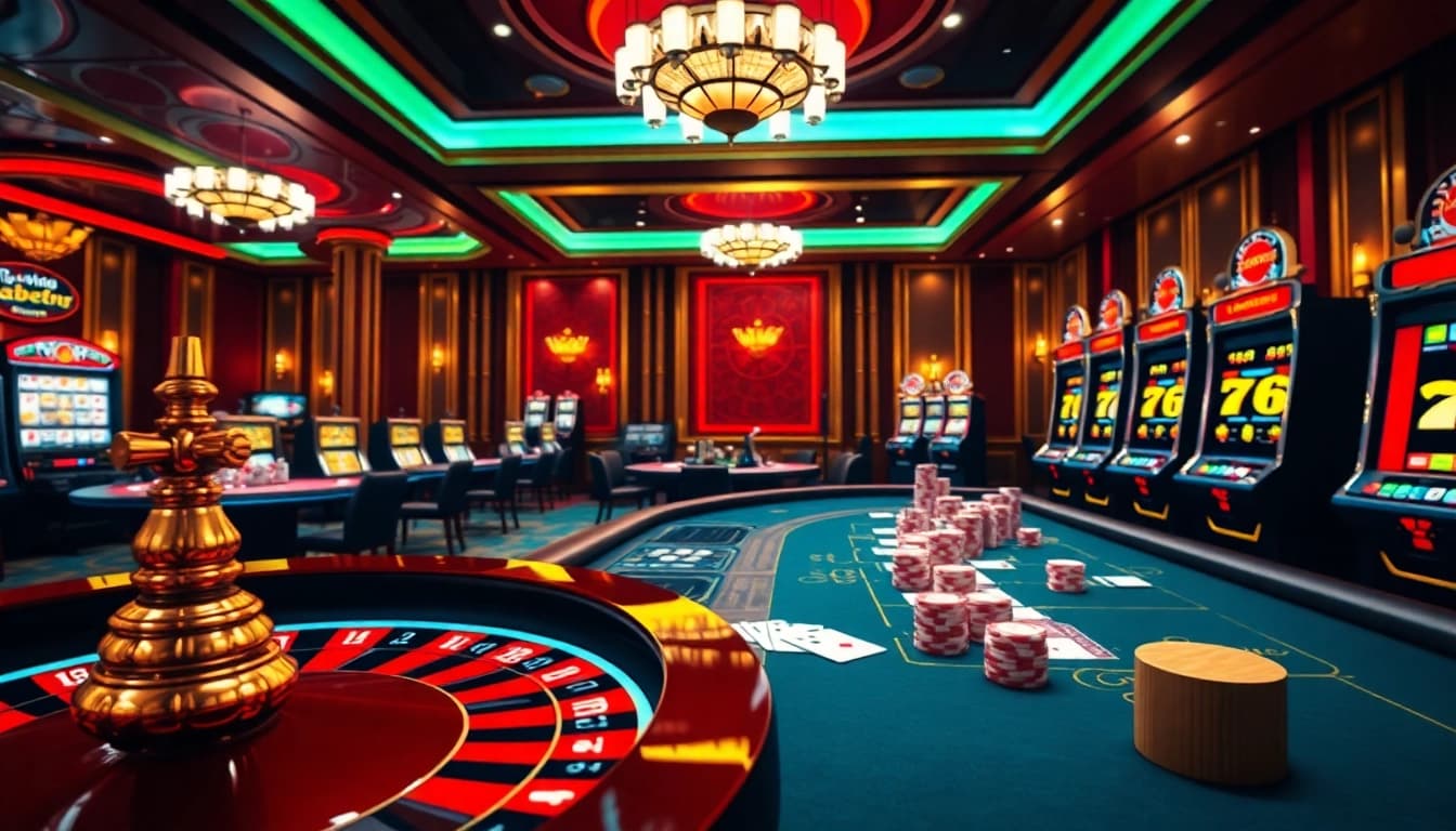 Experience the excitement of online gambling at jun88pl.com with luxurious casino visuals of poker tables and slot machines.