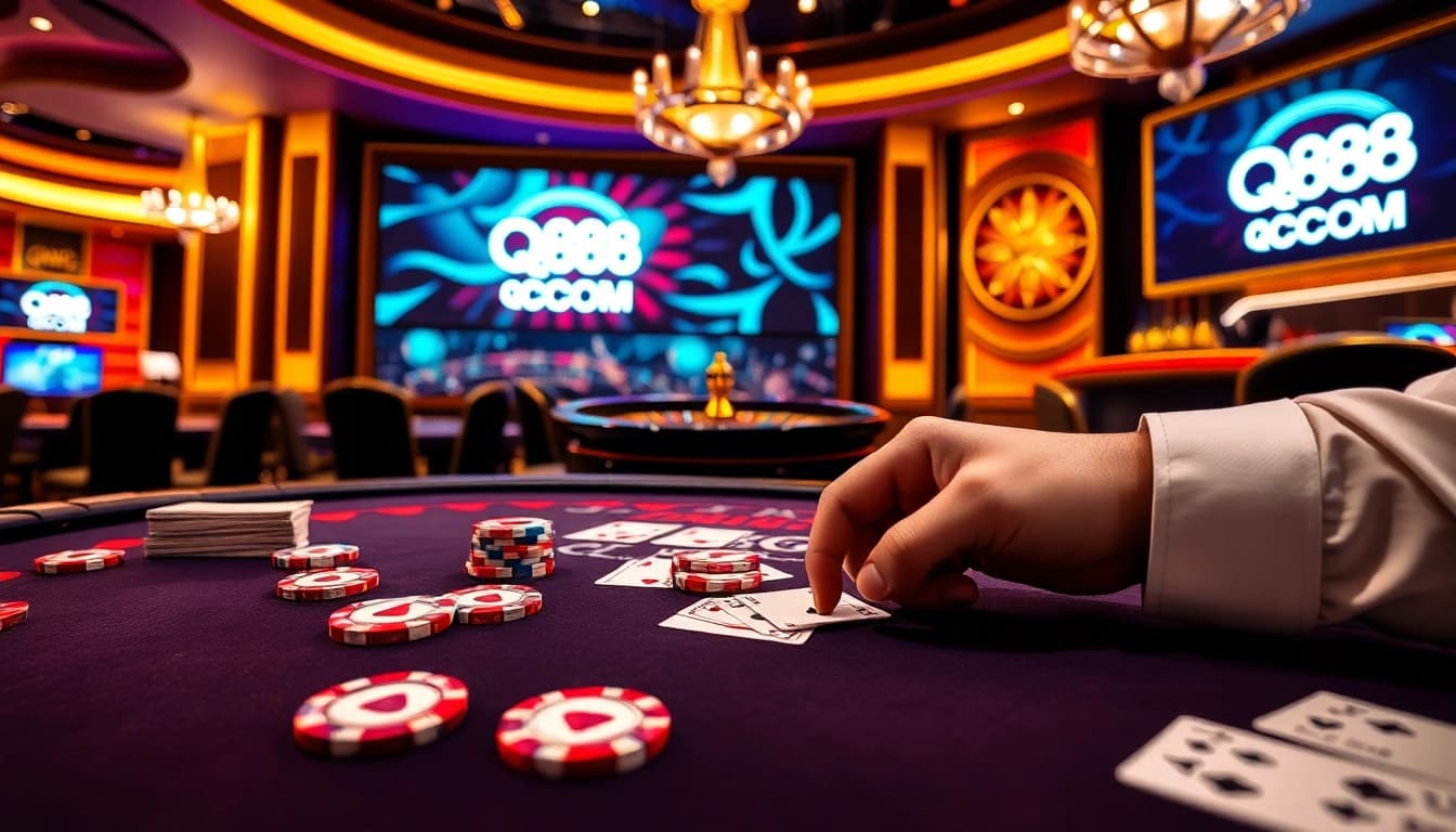 Experience thrilling gameplay at QQ88 COM with poker tables, chips, and roulette wheels.