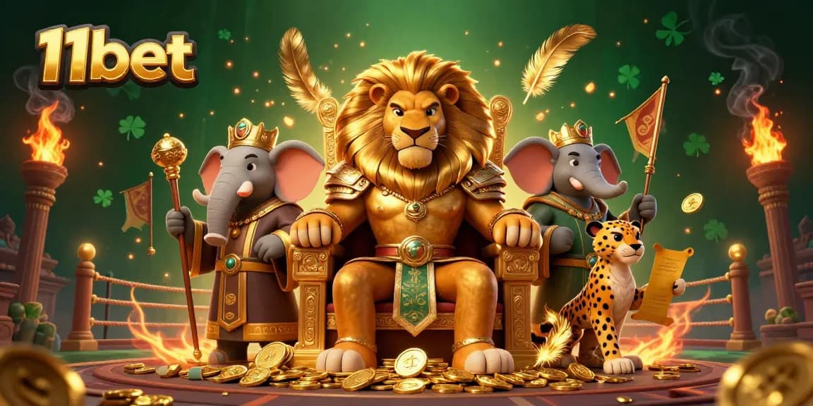 11bet showcases a fierce lion king surrounded by sports betting elements in a vibrant 3D scene.