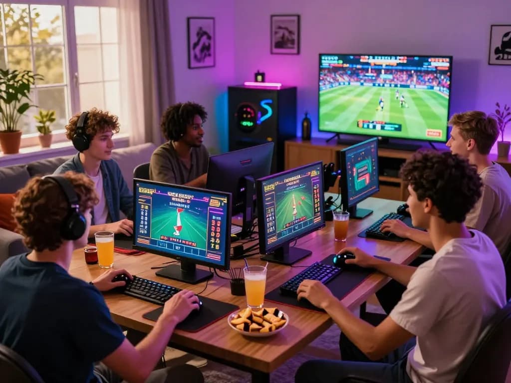 Engaging gaming atmosphere showcasing friends enjoying nhà cái xibet live casino games with excitement and snacks