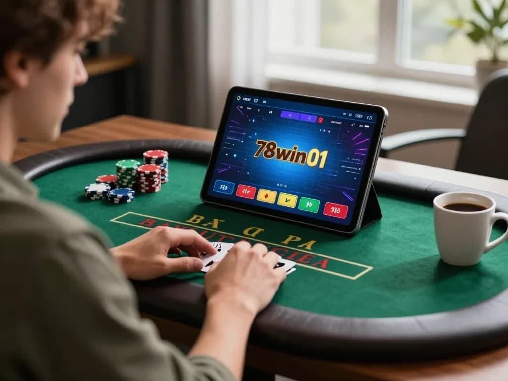 Engaging player in live dealer blackjack demo on tablet, showcasing 78win01 online casino experience.