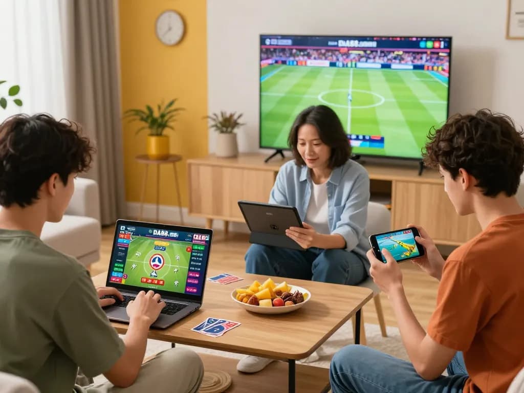 Users engaging with DA88.com for online gaming, sports betting, and entertainment in a vibrant home environment.