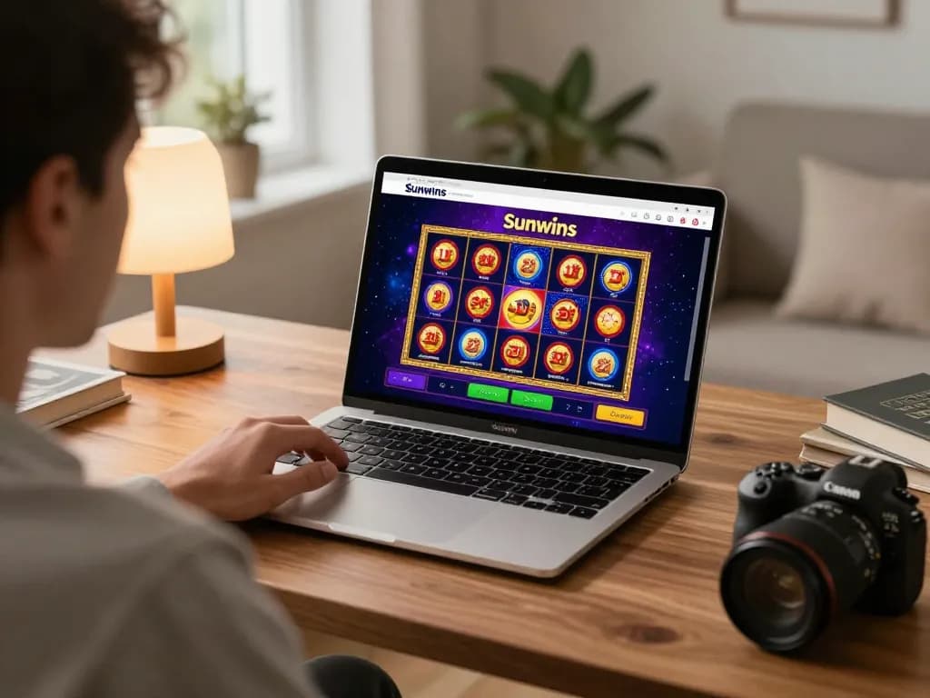 Play exciting slot games at Sunwins from a cozy home gaming setup with a vibrant interface.