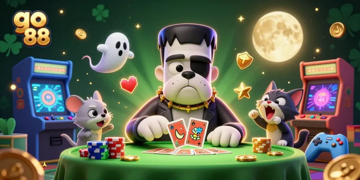 Engage in thrilling gameplay at Go 88 with a friendly Frankenstein bulldog dealer amidst sparkling casino elements.