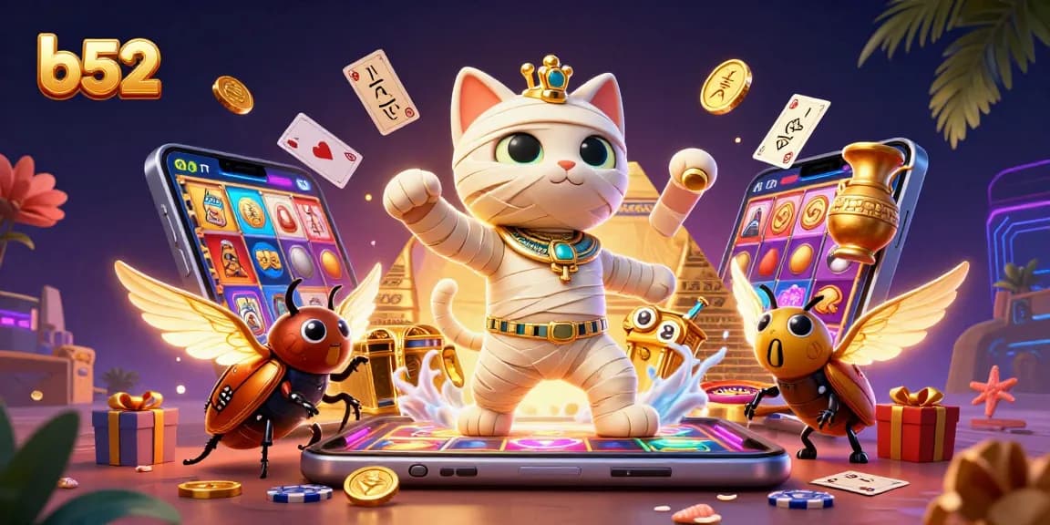 Engage with b52 gaming adventures featuring a mummy cat and treasure-filled casino atmosphere.