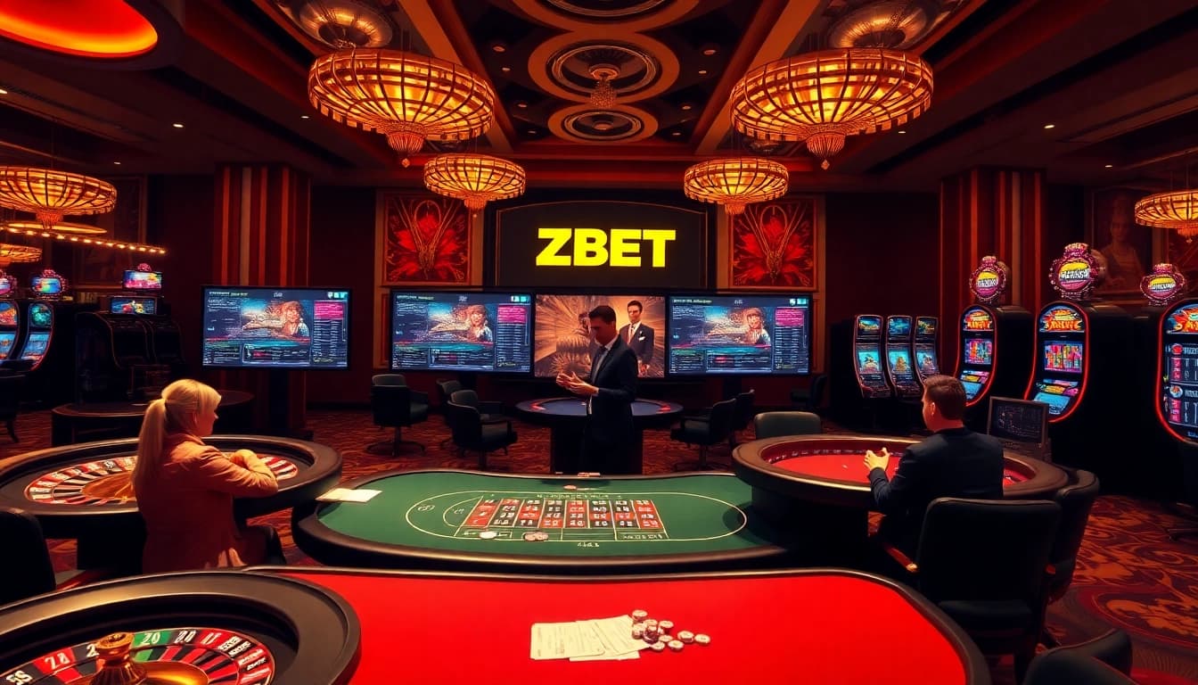 Experience thrilling actions at ZBET's online casino with engaging poker tables and vibrant slot machines.