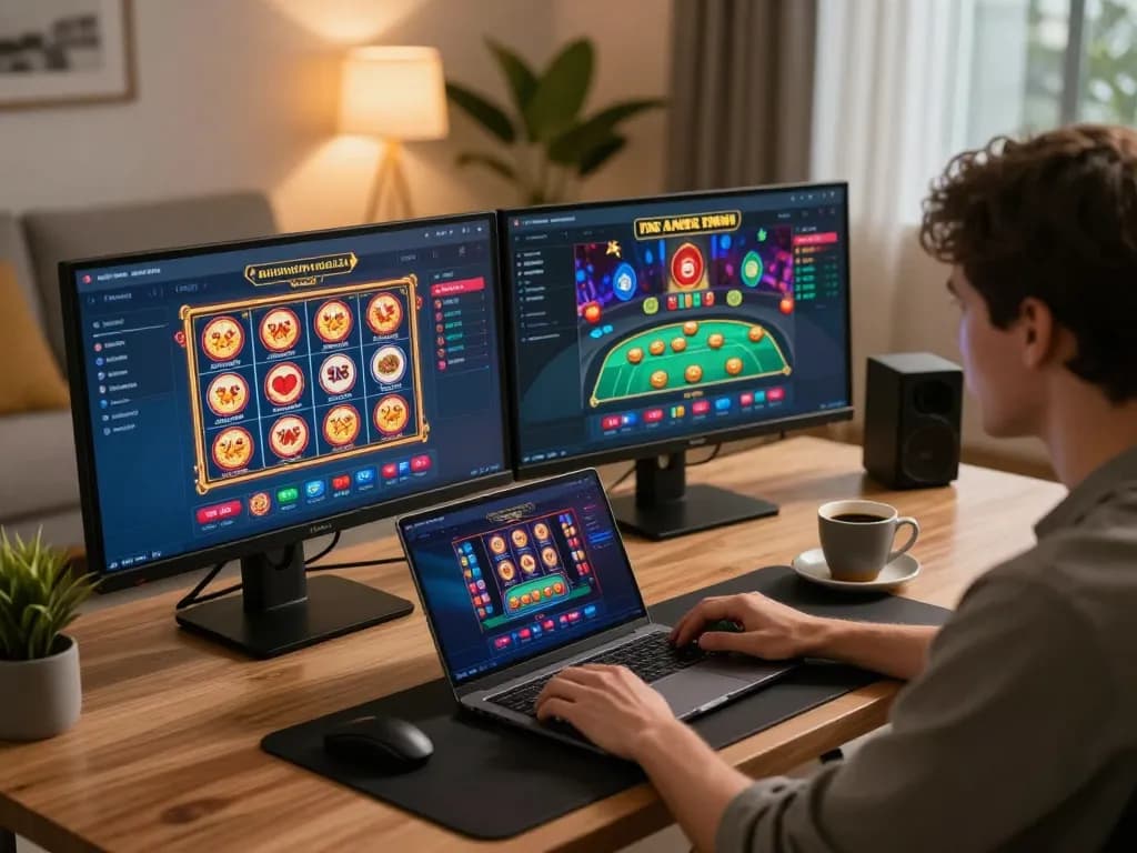 Okwintv player engaged in online poker game, showcasing interactive gaming interface and comfortable home setup.