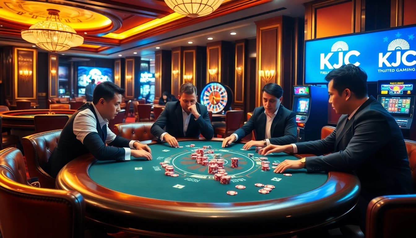KJC casino players engaging in a thrilling poker game with vibrant chips and high stakes.