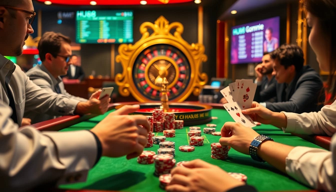 Players enjoying a thrilling game with HU88 poker chips amidst an elegant casino backdrop.