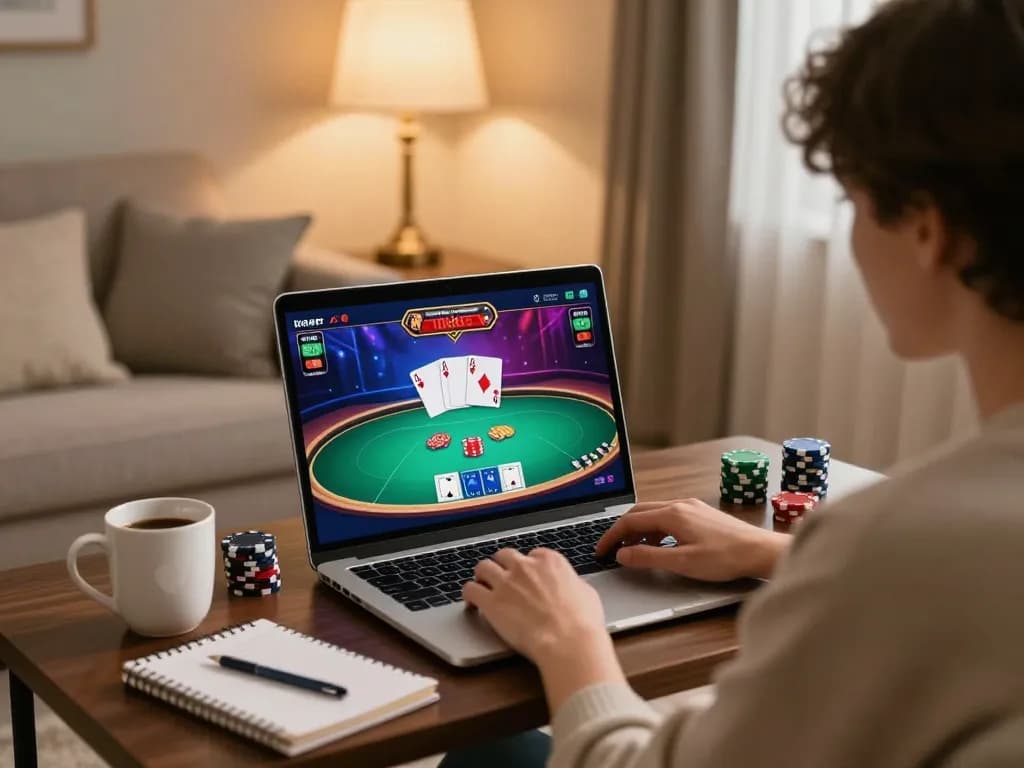 Engaging in poker on Go88 platform with immersive gameplay and cozy home setup