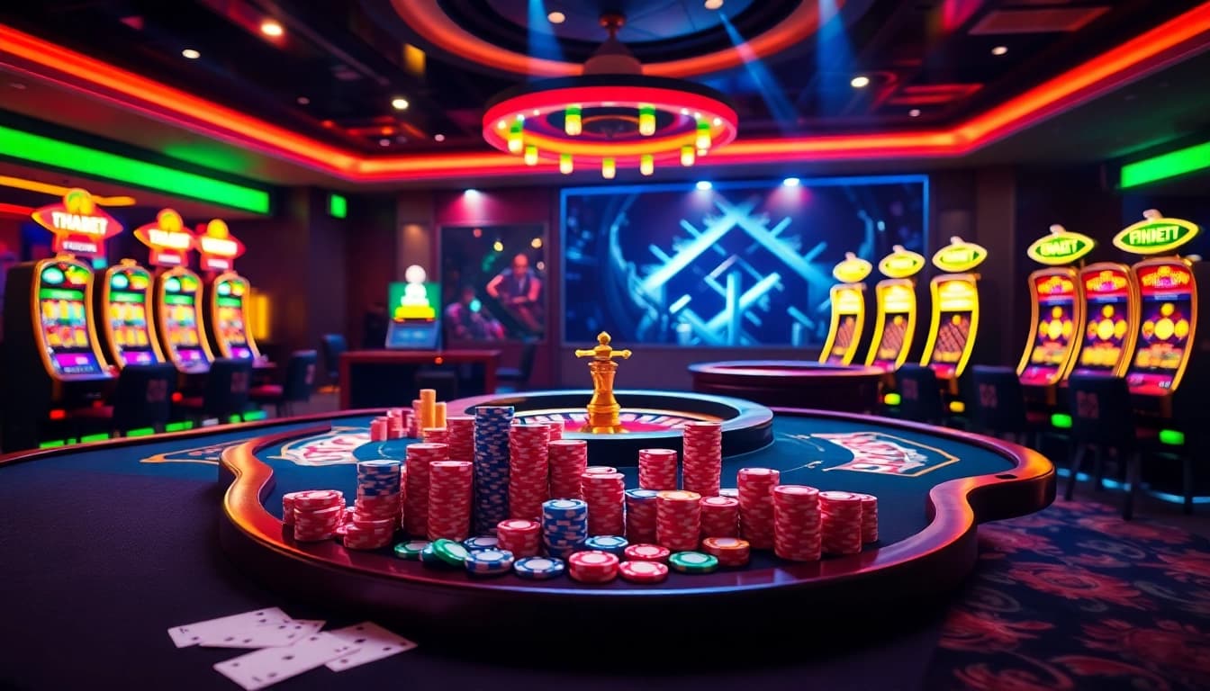 Experience casino thrills at https://thabet77.sa.com/ with colorful chips and bright slot machines.