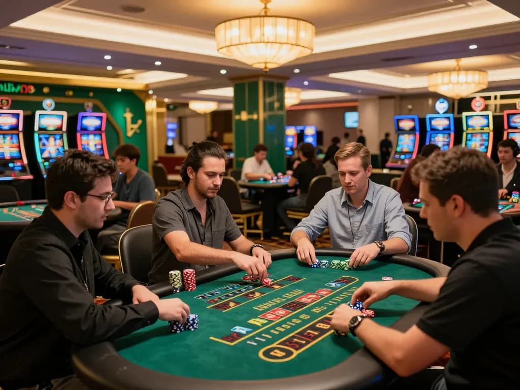 Players engaged in gaming at the vibrant 88clbgo casino floor, showcasing excitement and strategy.