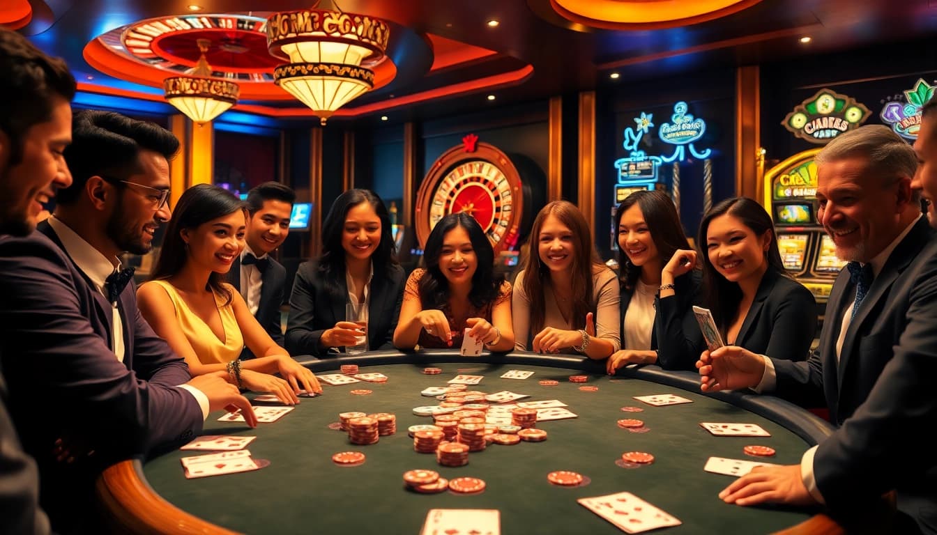 Engaging players at a poker table in a vibrant casino environment reflecting https://58win4b.net/’s excitement and strategy.