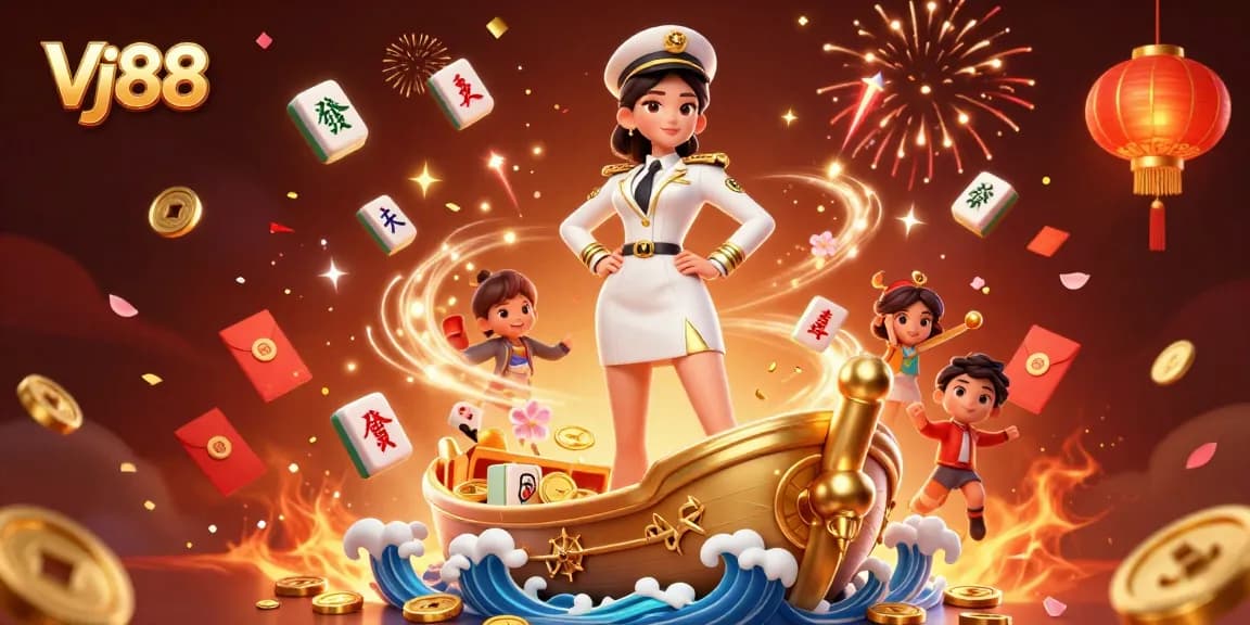 Bet on Vj88 with a dynamic scene of an Asian woman in a naval officer outfit surrounded by festive gaming elements.
