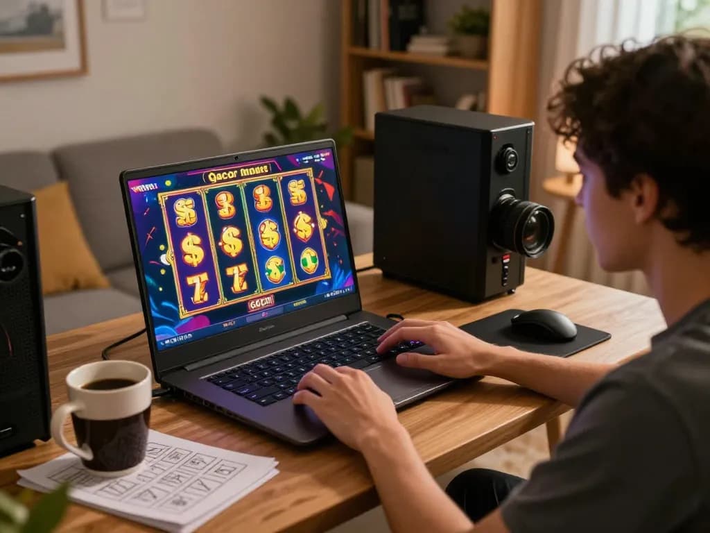 Player engaging with slot gacor on a laptop at home, showcasing exciting gameplay.