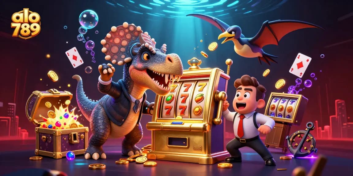 Alo 789 players enjoy a thrilling jackpot experience as a dinosaur interacts with a slot machine amidst golden rewards.