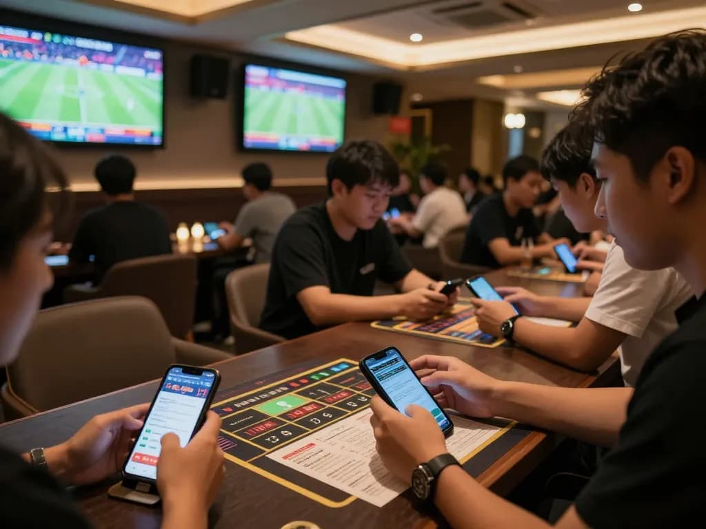 Fans engaging in keo nha cai betting at a lively sports lounge with screens showing games.