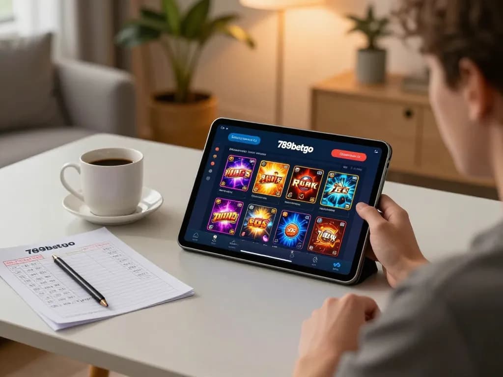 Engaging in online gambling gameplay on the 789betgo app in a cozy home office setting.