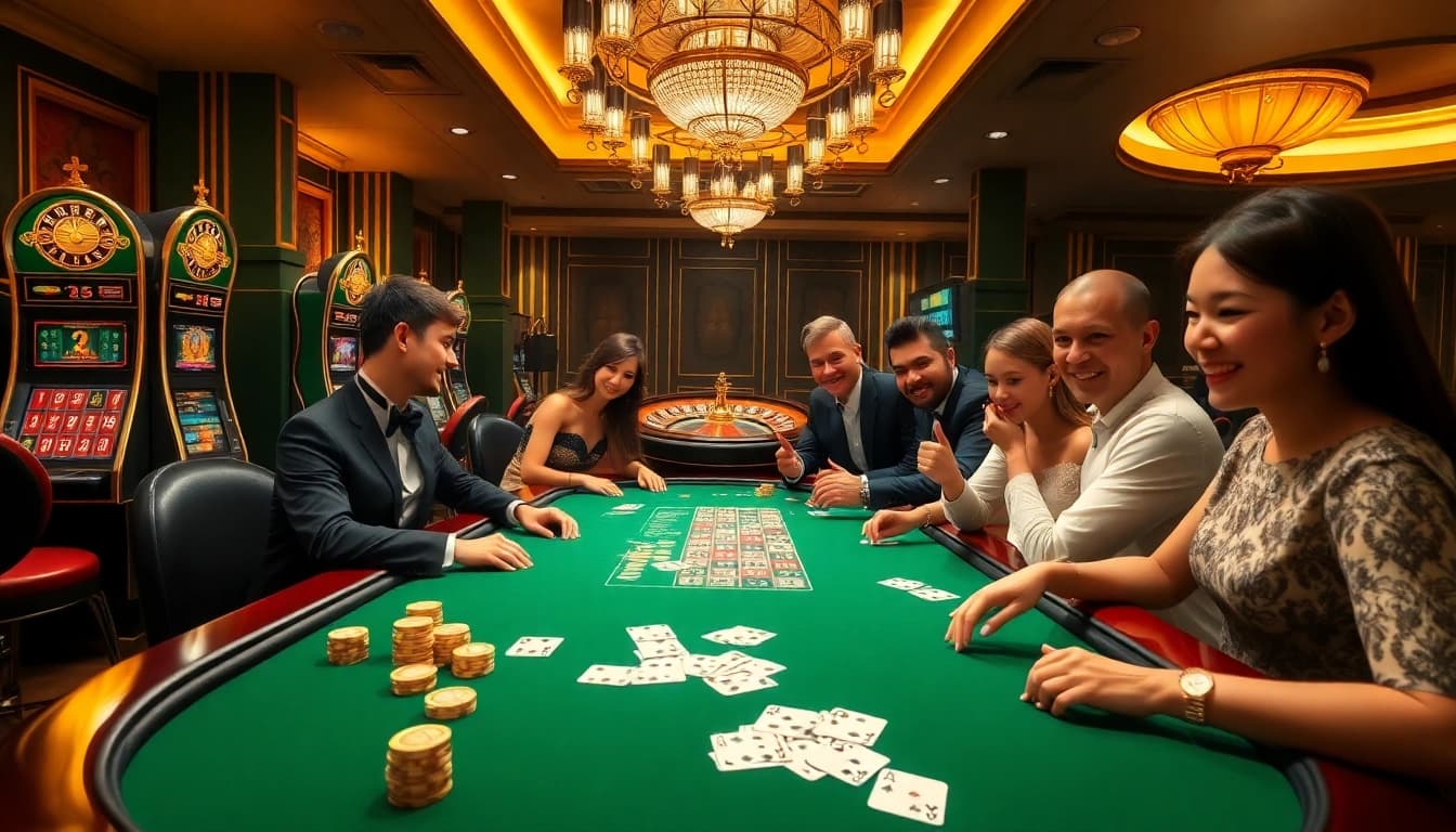Excited players winning at a ZX88 casino table, surrounded by luxury slot machines.
