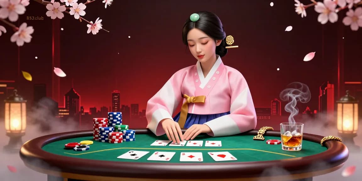 B52club showcases a serene Asian woman in a traditional hanbok at a vibrant poker table, enhancing the gaming experience.