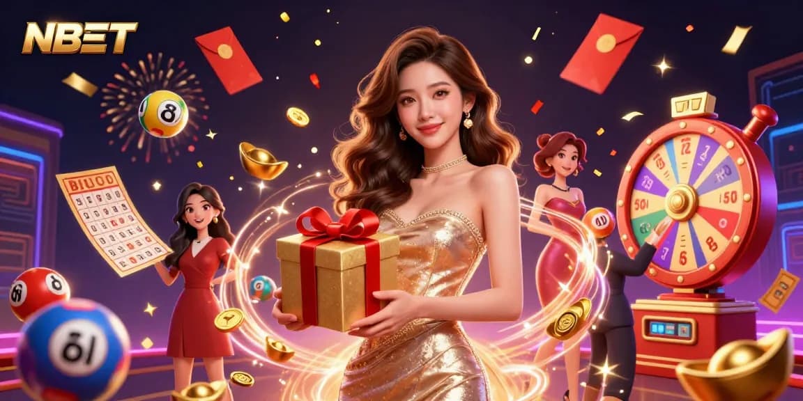 NBET themed 3D illustration showcases a joyful woman celebrating with lottery elements in a vibrant casino setting.