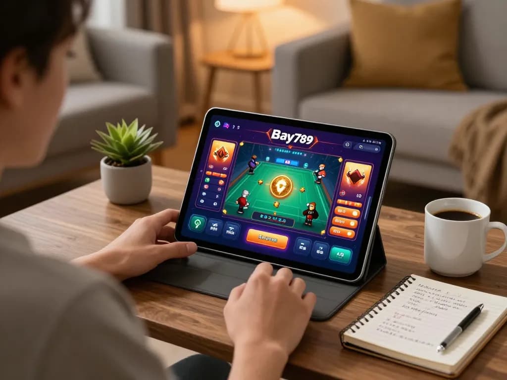 Engaged player using the Bay789 app for online gaming in a cozy living room atmosphere