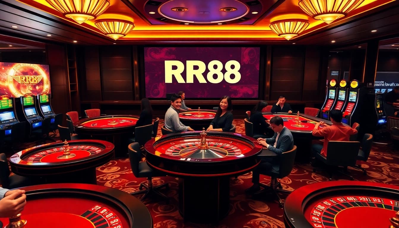 RR88 casino scene with enthusiastic players enjoying games at elegant tables and slot machines.