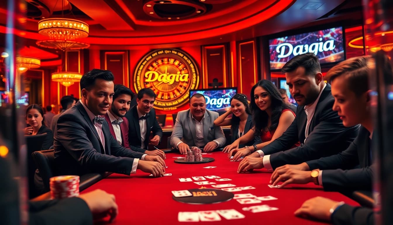Daga poker players strategizing at an upscale casino table during an exciting game.