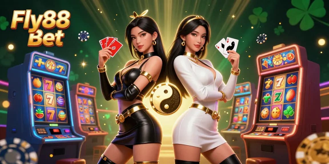 Engage in thrilling gameplay with Fly88 Bet, featuring twin Asian women holding playing cards in a vibrant casino tableau.