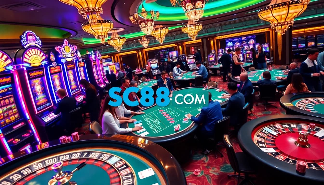 Players enjoy thrilling games at SC88 COM casino, surrounded by vibrant slot machines and roulette tables.