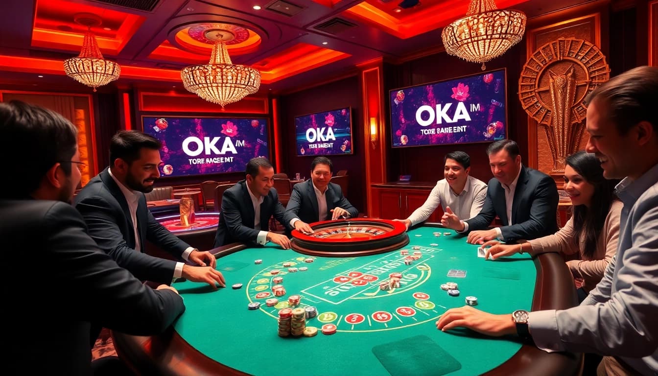 Players enjoying a thrilling OKATM poker game with vibrant chips and an elegant roulette wheel.