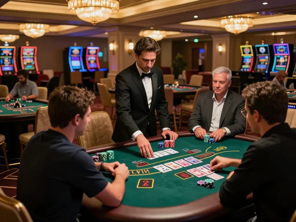Players engaging at the LLWIN blackjack table under warm lighting, showcasing strategic gameplay.
