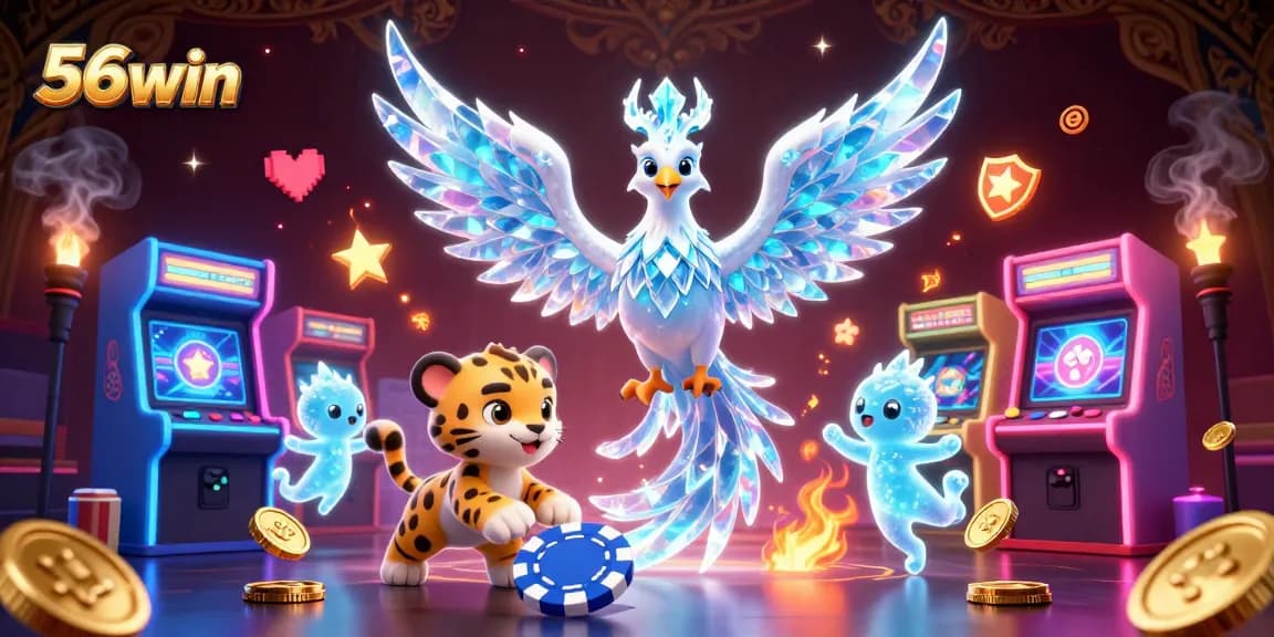 Engage in vibrant gaming with 56win's ice phoenix and poker chip elements showcasing immersive casino excitement.