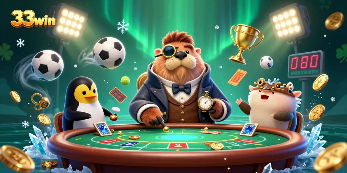33win showcases a jolly walrus playing poker with a penguin dealer and a bluffing pufferfish, surrounded by vibrant sports elements.