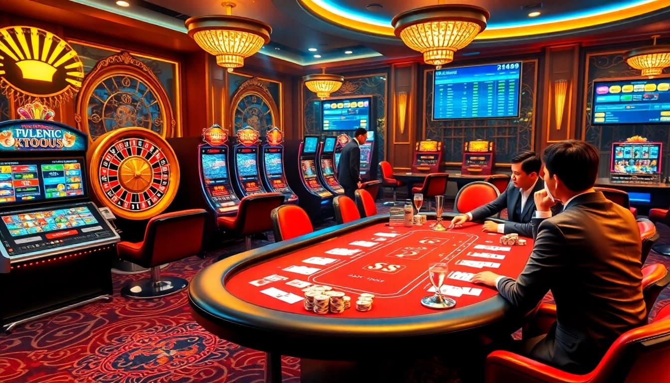 Experience FLY88's vibrant online casino atmosphere with roulette wheels and poker tables.
