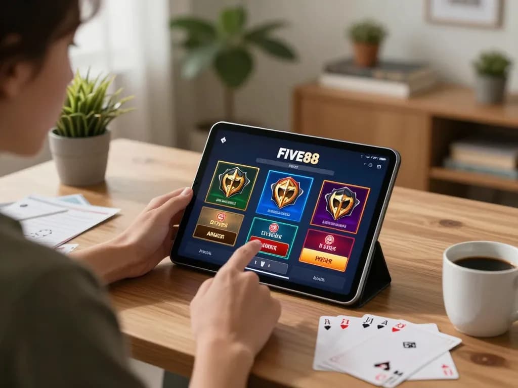 Engaging with the Đăng ký Five88 app in a cozy home setup for strategic online gaming.