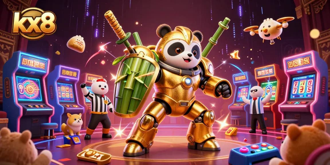 Play exciting games on kx8, featuring a dazzling casino arena with vibrant characters and classic arcade elements.
