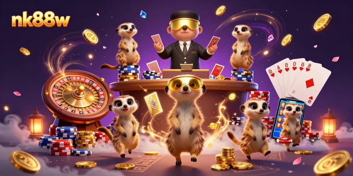 Engaging scene illustrating nk88w, featuring meerkats managing a casino with vibrant gems and gold coins.