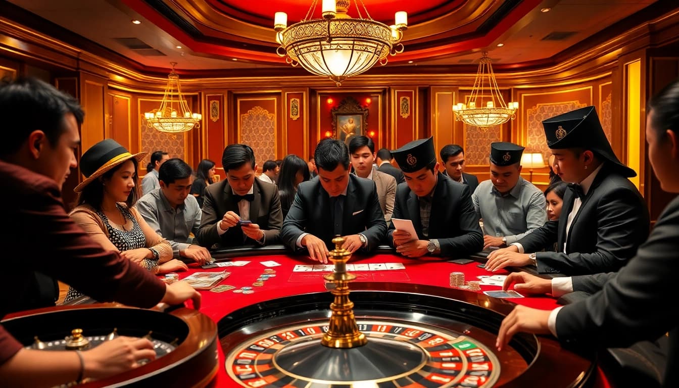 Exciting gambling scene showcasing keo nha cai at a vibrant casino table with engaged players.