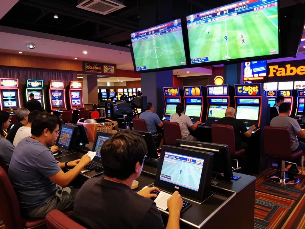 Fabet users actively placing sports bets in an energetic casino atmosphere.