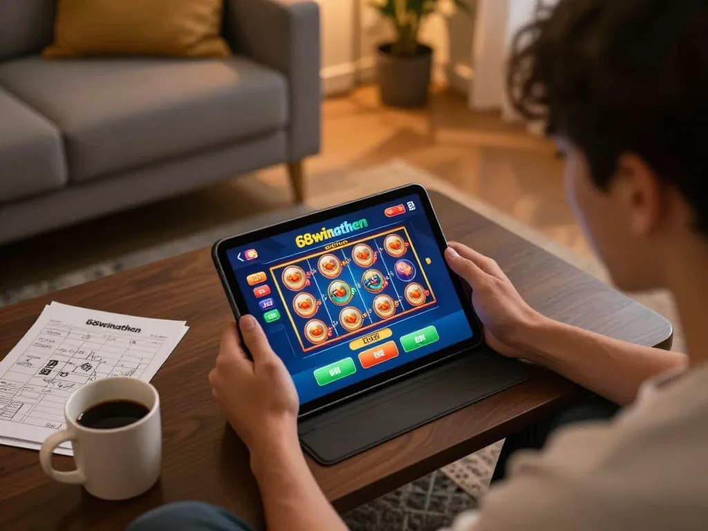 Player engaging with the 68winathen online casino interface on a cozy lounge setup, emphasizing strategic gameplay.