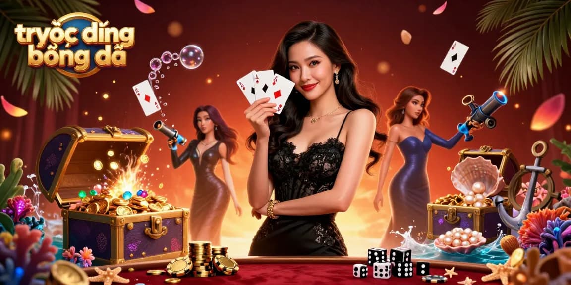 Experience trực tiếp bóng đá with dynamic casino elements and elegant character interactions in a vibrant 3D illustration.