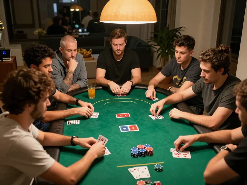 Friends engaging in a thrilling poker game at home, showcasing Luck8 betting strategies.