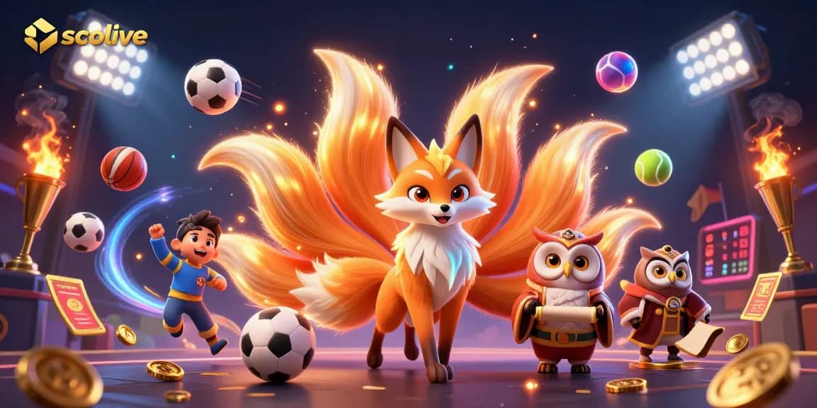 Socolive engages players with a vibrant display of sports elements, trophies, and glowing orbs.